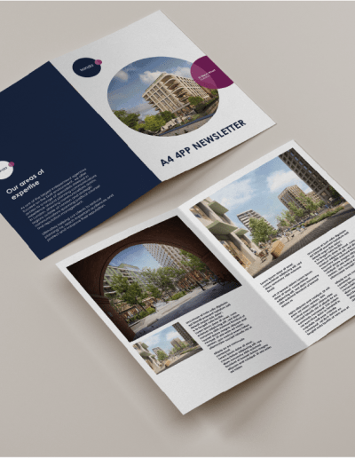 A 4 page booklet. The front of the leaflet has a photographic design and the logo, the inner has large images, and text for a case study