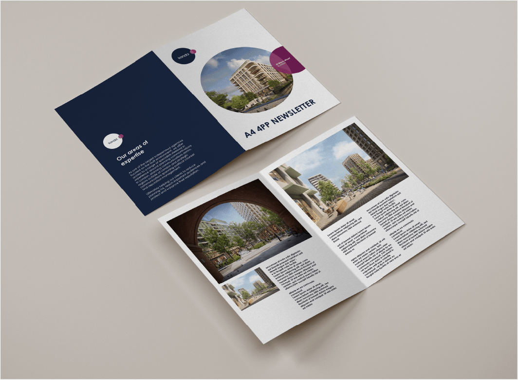 A 4 page booklet. The front of the leaflet has a photographic design and the logo, the inner has large images, and text for a case study