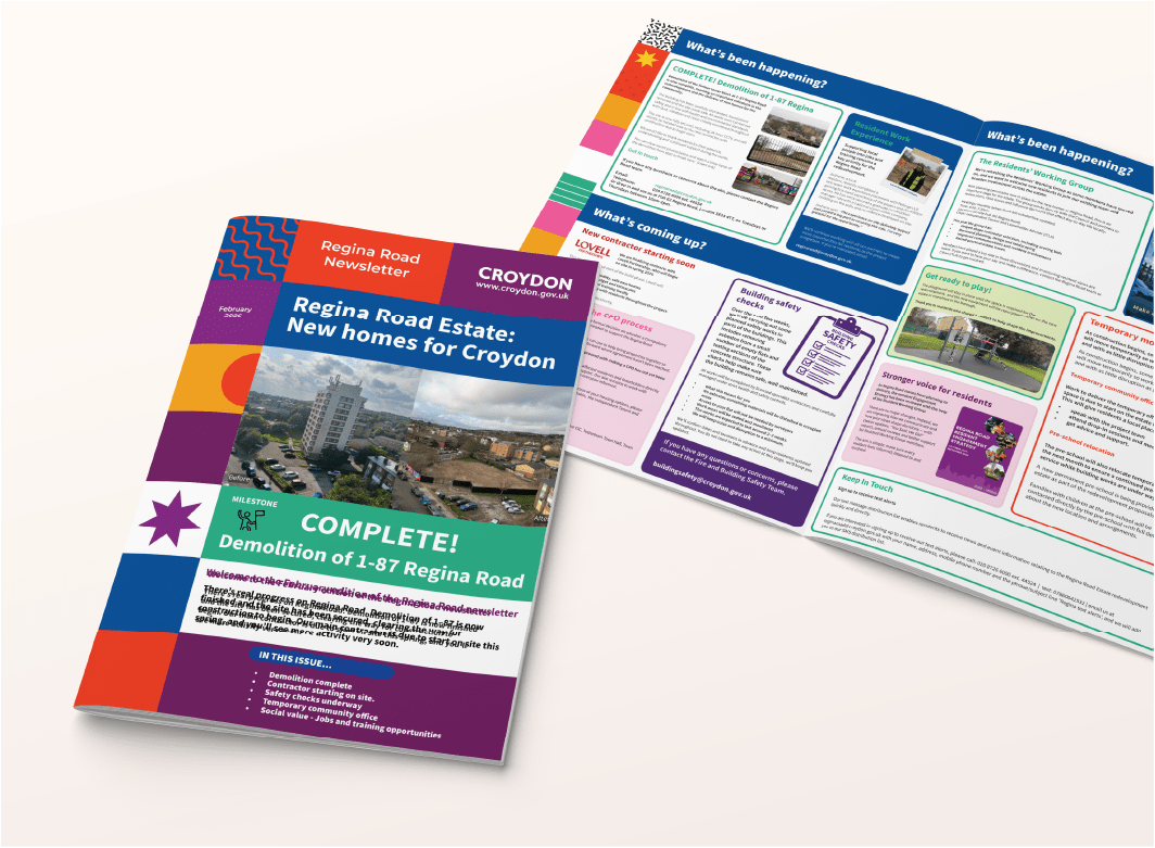 The cover and middle page of an 8 page newsletter. It is very text heavy, with bright colourful elements on the edges and cover