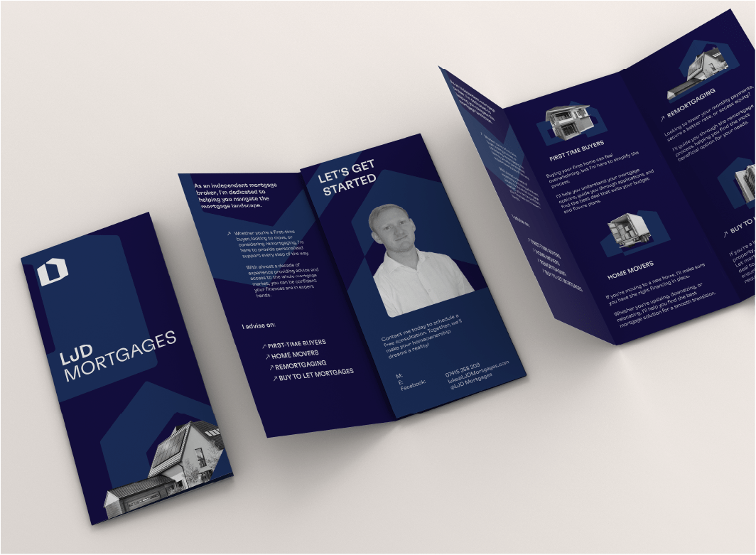 A trigfold leaflet, an A4 piece of paper folded vertically into three equal sections. It is for a mortgage advisor and is quite text heavy