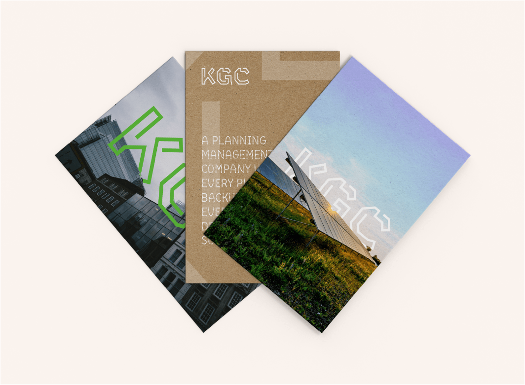 Three postcard fronts for a planning communications company. Two feature images of solar projects with logos interspersed in the images. The one in the middle is made of kraft paper, and uses white text