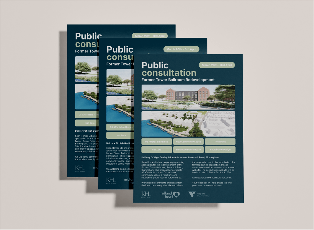 Simple flyer advertising a public consutation. It features an image of the architects render, and text information about the event.