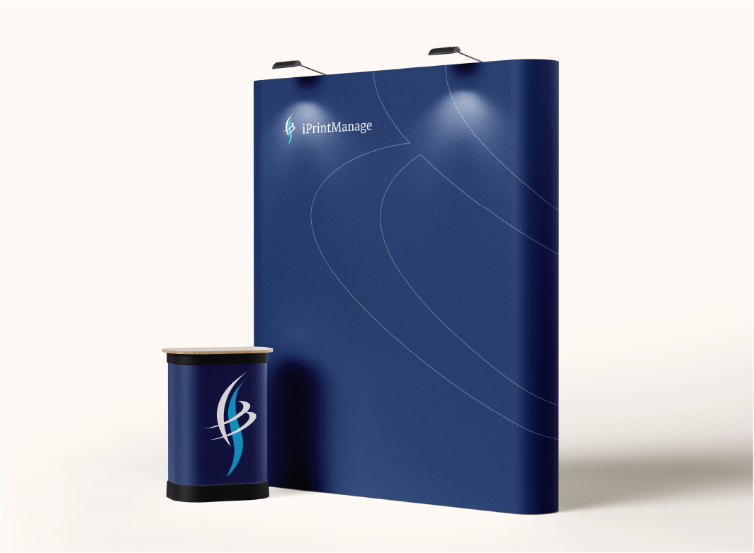 An iPritnManage Pop Up stand, consisting of a curved backdrop, and a small table for presenting