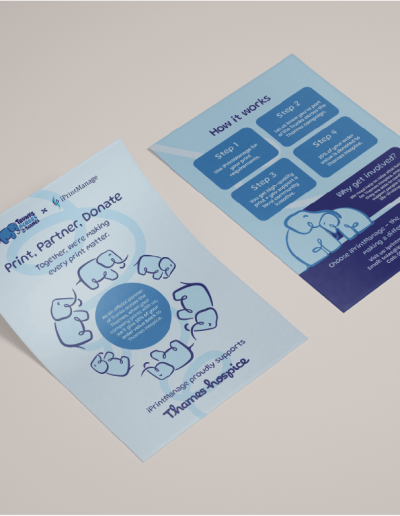 The front and reverse of a double sided leaflet. It is for a campaign called Trunks Across The Thames, an initiative by Thames hospice to raise money for their running costs. It features small illustrative elephants.