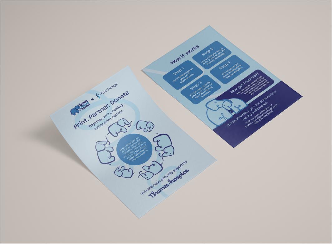 The front and reverse of a double sided leaflet. It is for a campaign called Trunks Across The Thames, an initiative by Thames hospice to raise money for their running costs. It features small illustrative elephants.
