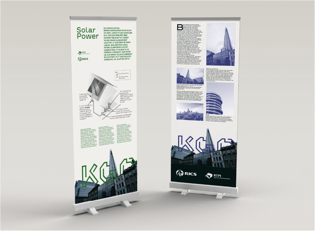 2 roller banners in a blank room, for KG communications. They are text heavy, with large images, using a blue and green colour palette