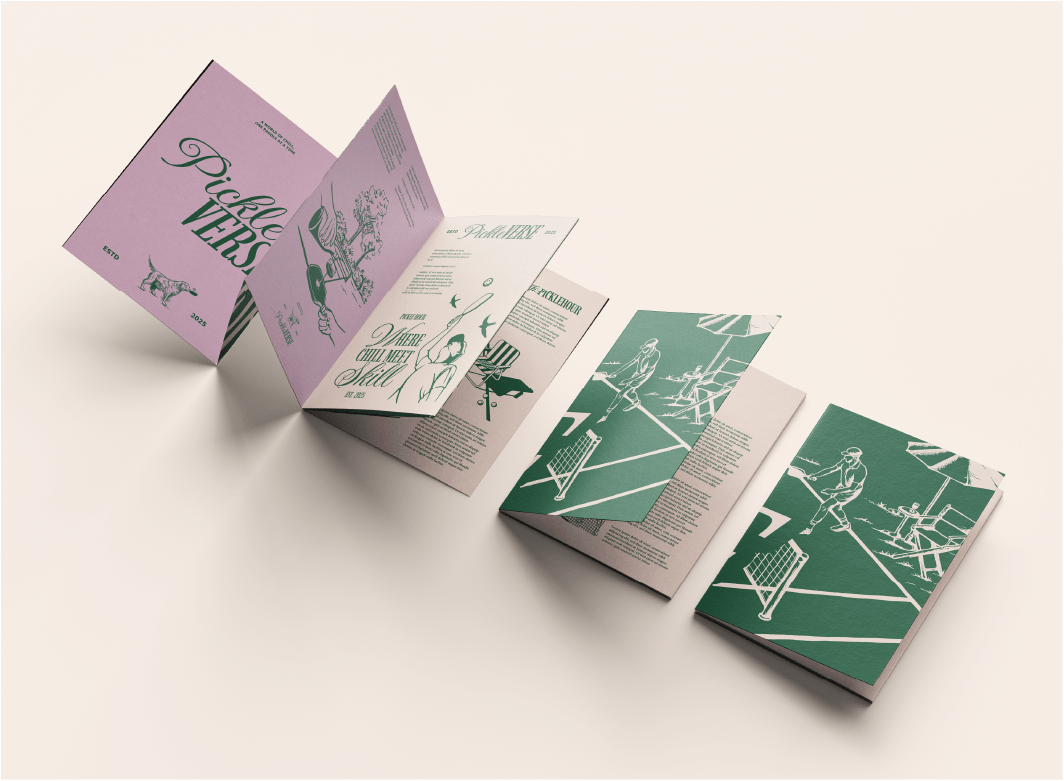 A 12 sided A6 roll fold leaflet. Each side has 6 panels. This leaflet is for a pickleball club, and features beige, breen and light pink text and illustrations